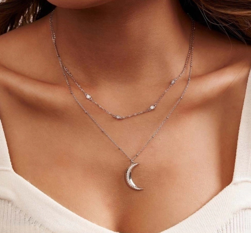 Sterling Silver Moon Double Layered Necklace